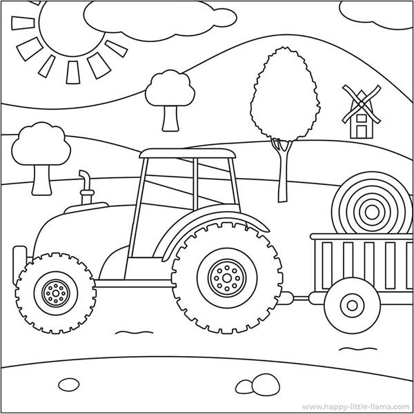 Kostenlose Traktor-Malvorlage mit einem Traktor auf einem Bauernhof