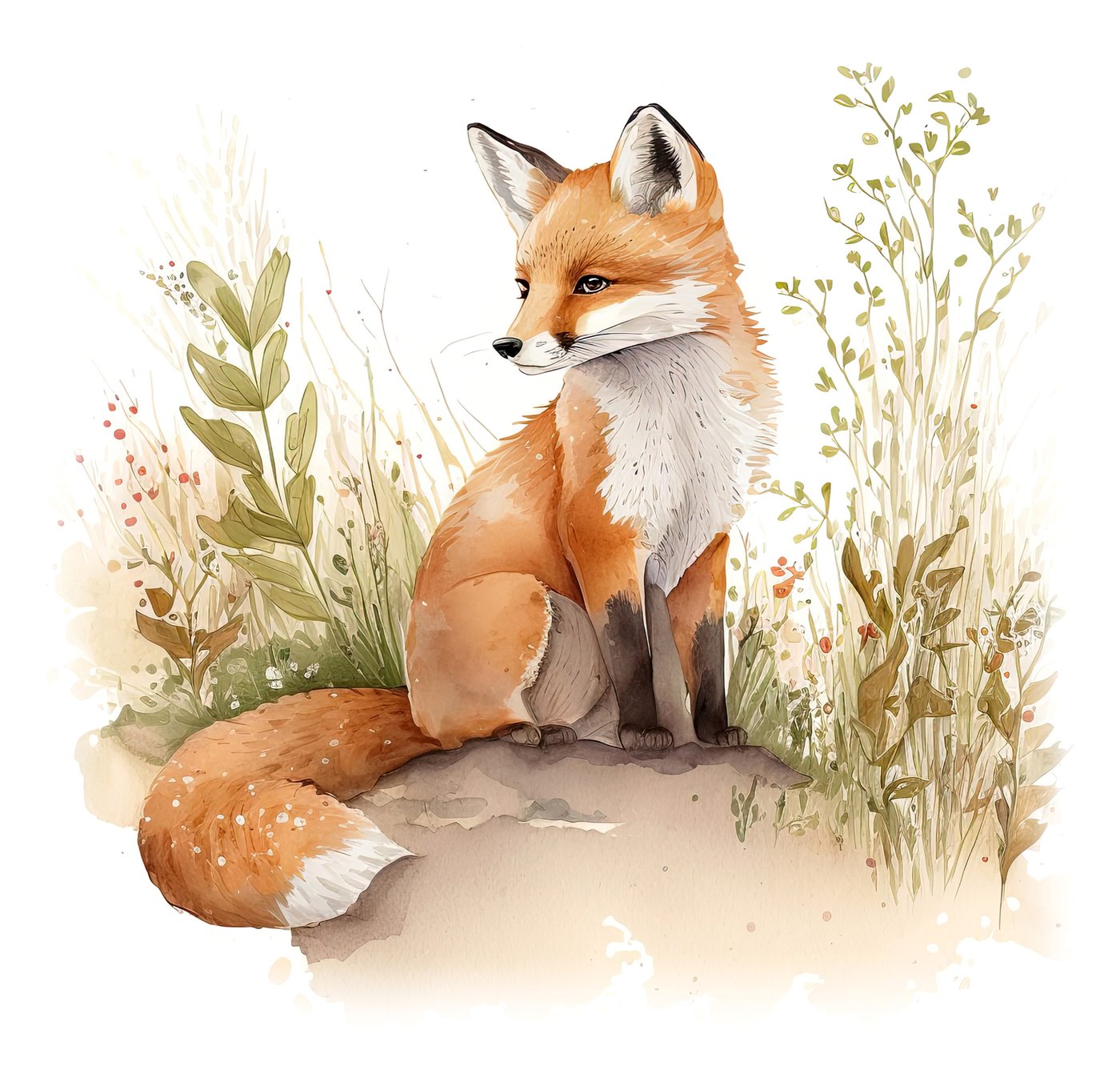 Aquarell-Illustration eines Fuchses mit buschigem Schwanz im Gras