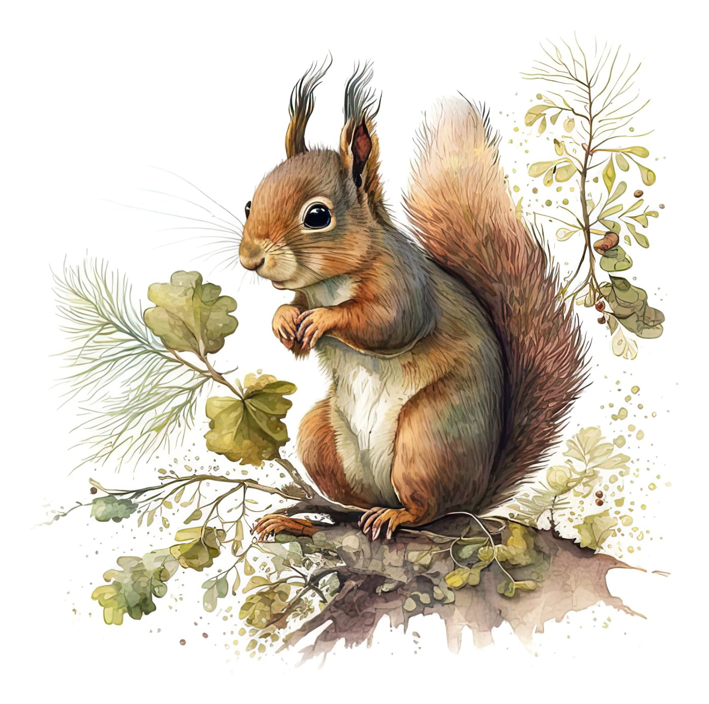 Aquarell-Illustration eines Eichhörnchens mit buschigem Schwanz auf einem Ast