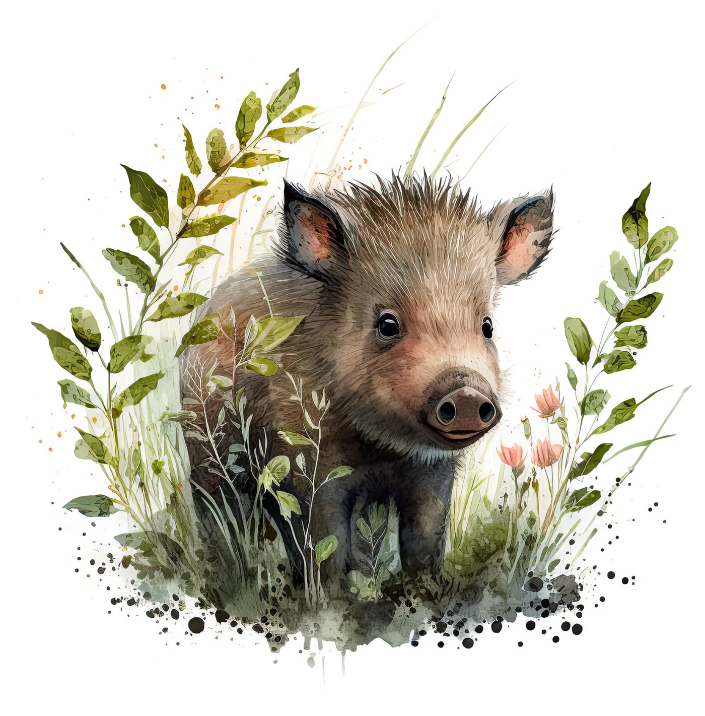 Aquarell-Illustration eines jungen Wildschweins im Gras
