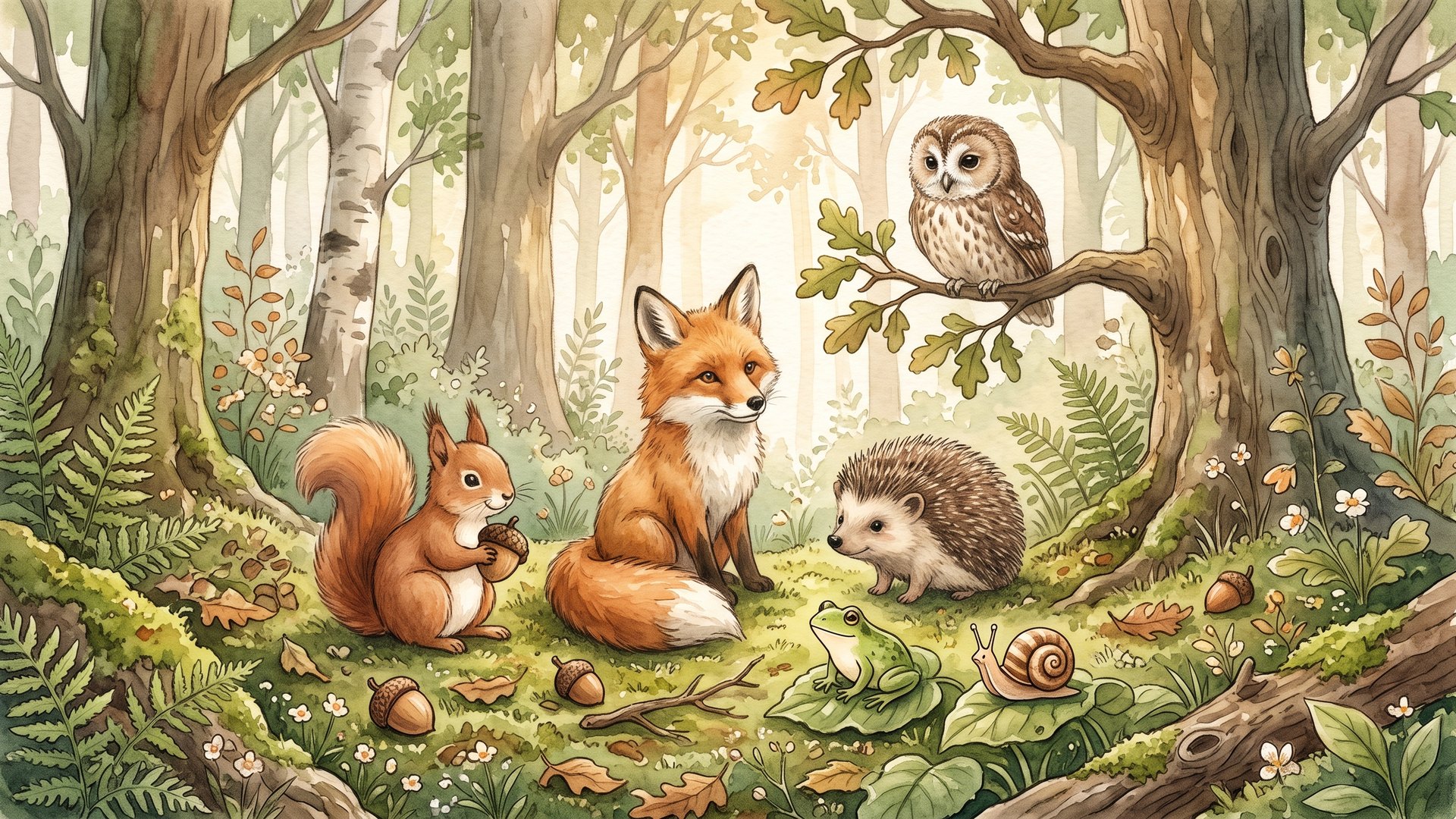 Aquarell-Waldszene mit Eichhörnchen, Fuchs, Igel, Eule, Frosch und Schnecke