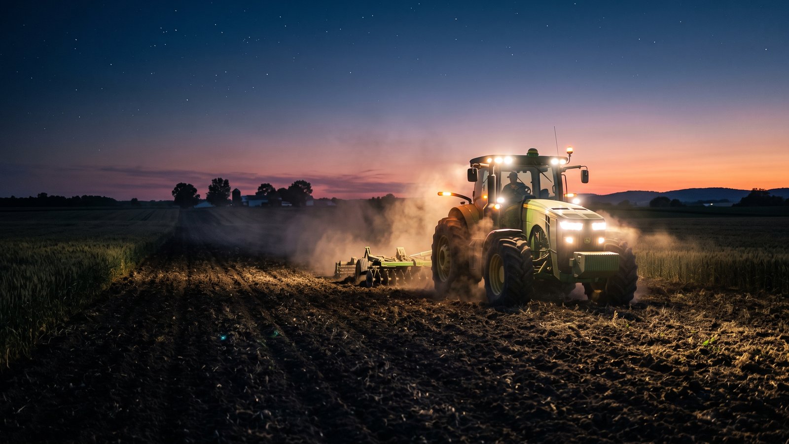A tractor working in a field at night with its bright headlights shining