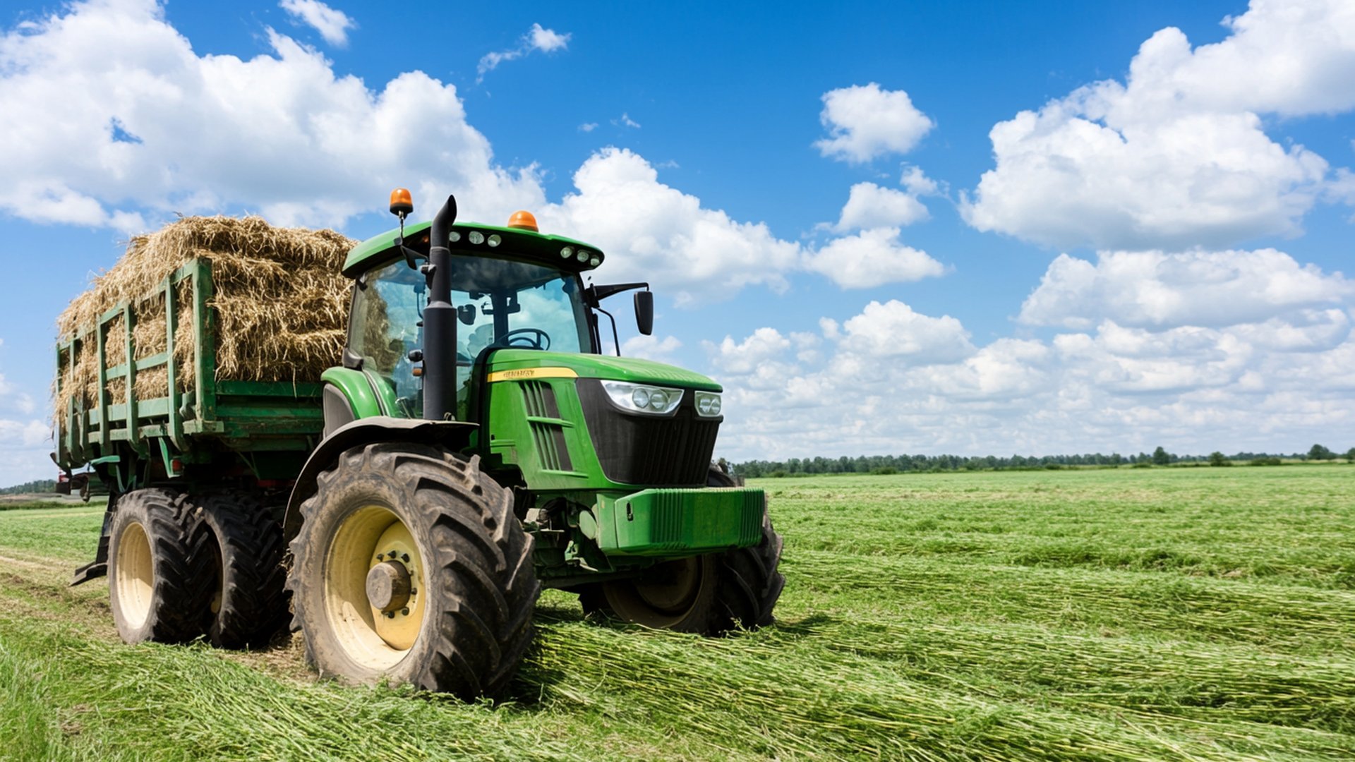 A green tractor pulling a trailer full of hay across a field under a blue sky