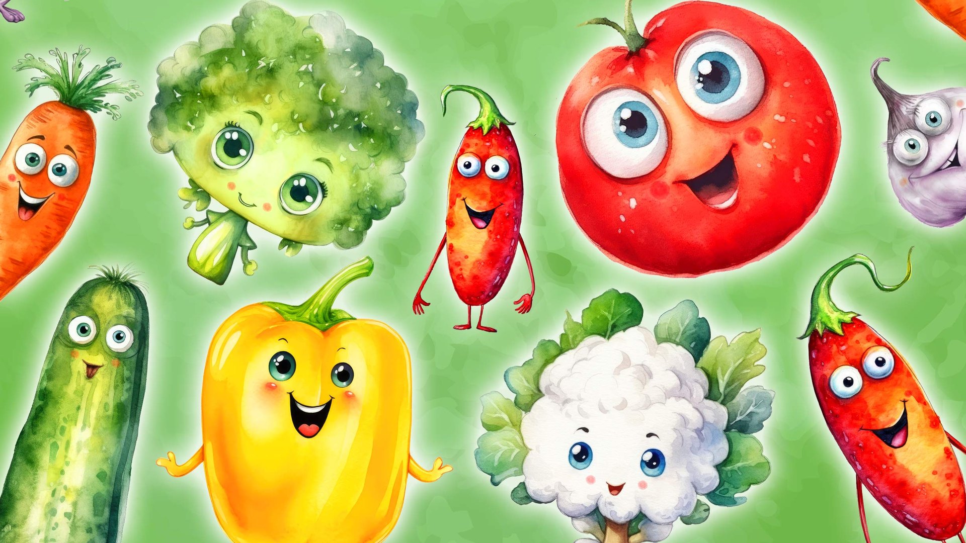 Fröhliche Cartoon-Gemüsefiguren, unter anderem Tomate, Paprika, Brokkoli und Karotte