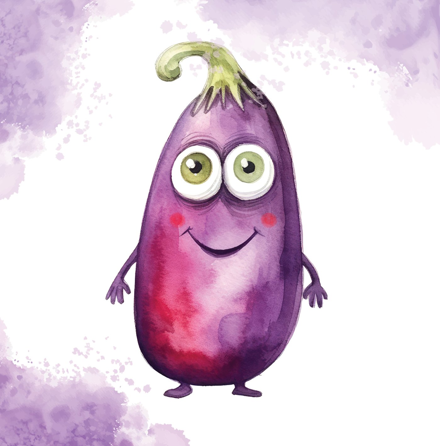 Niedliche Cartoon-Aquarell-Illustration einer lächelnden lila Aubergine