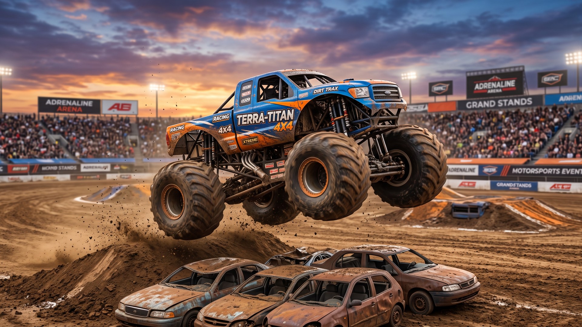 Blue monster truck jumping over crushed cars in an arena