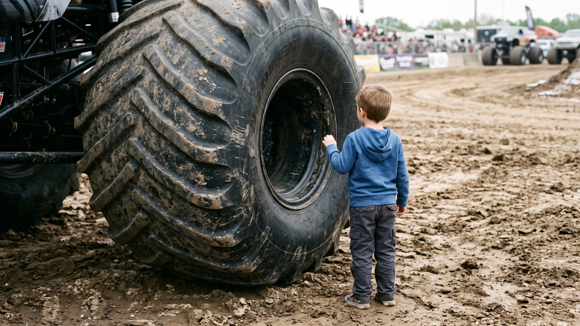 Young child standing beside a giant monster truck tire to compare its size
