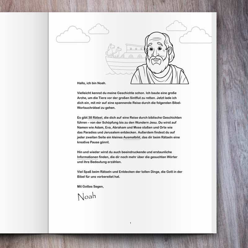 Bibel Wortsuche für Kinder Beispielseite mit Intro von Noah