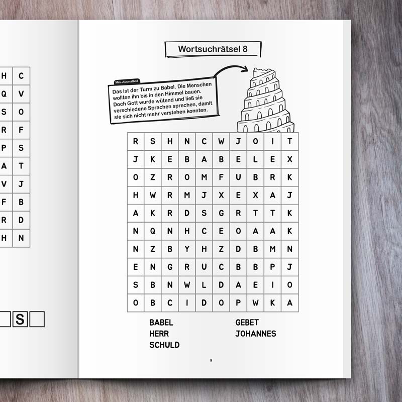 Bibel Wortsuche für Kinder Beispielseite und Mini-Ausmalbild vom Turm von Babel