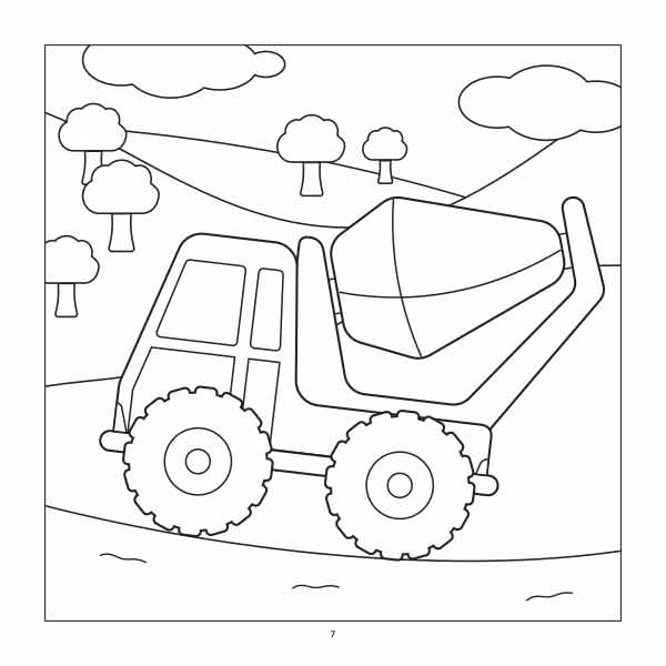 Construction Site Coloring Book for Toddlers example page with concrete mixer truck