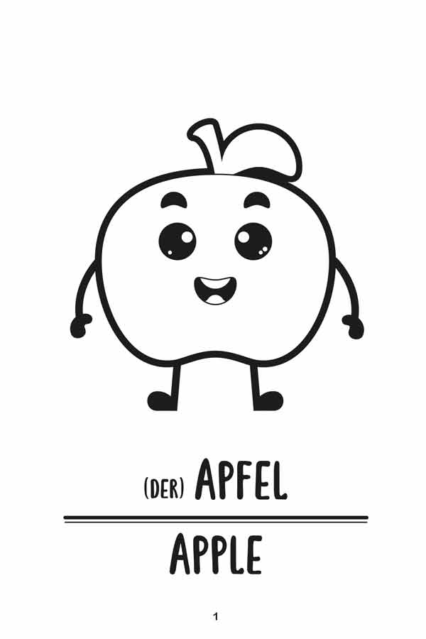 Meine ersten 50 Wörter Obst & Gemüse (Deutsch Englisch) Beispielseite mit Apfel/Apple