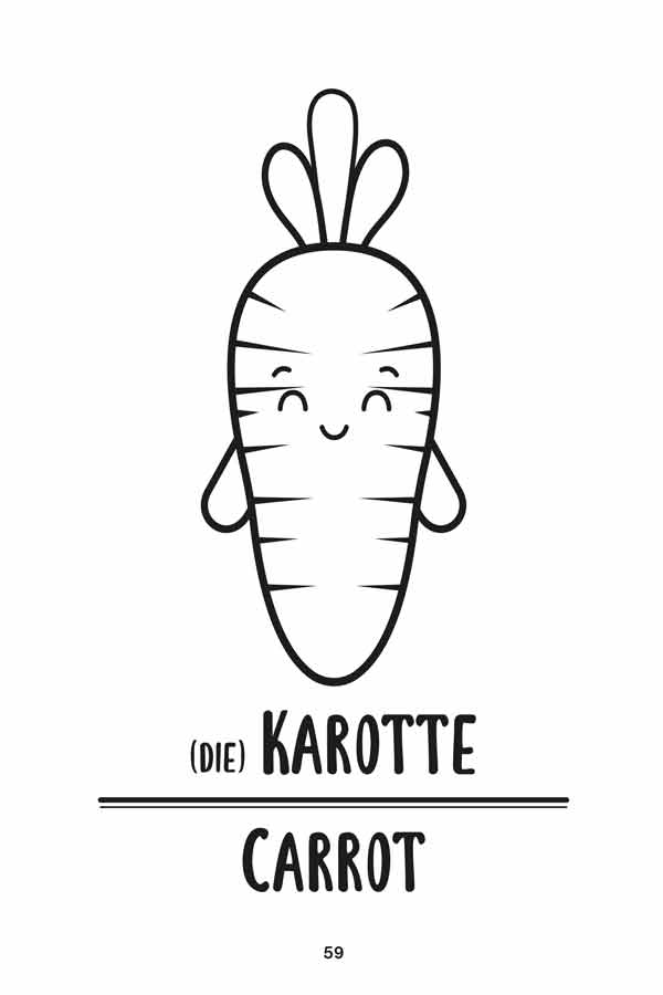 Meine ersten 50 Wörter Obst & Gemüse (Deutsch Englisch) Beispielseite mit Karotte/Carrot