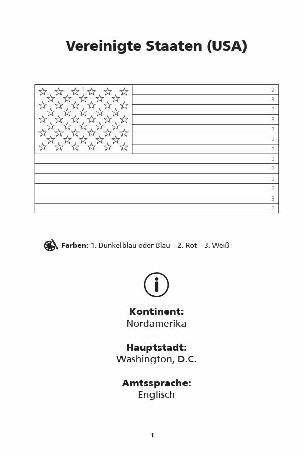 Malbuch Flaggen der Welt Beispielseite mit USA Flagge und Fakten
