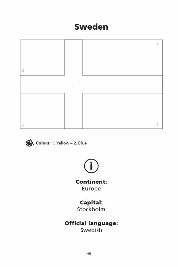 World Flag Coloring Book example page with Sweden flag and facts