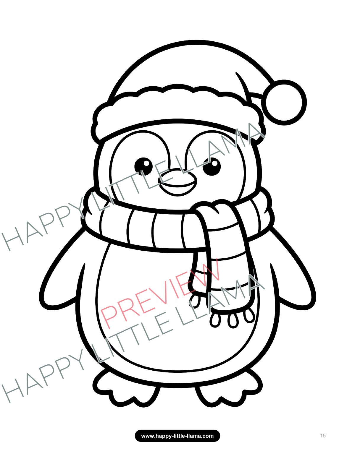 Penguin wearing a Santa hat – free Christmas coloring page for toddlers