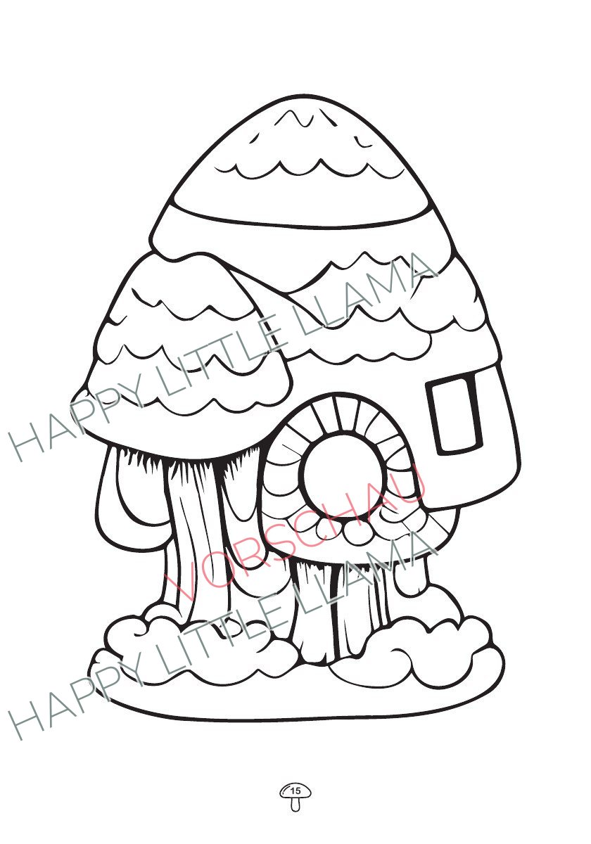 Fantasievolles Pilzhaus – Ausmalbild aus dem kostenlosen Pilze-Malbuch