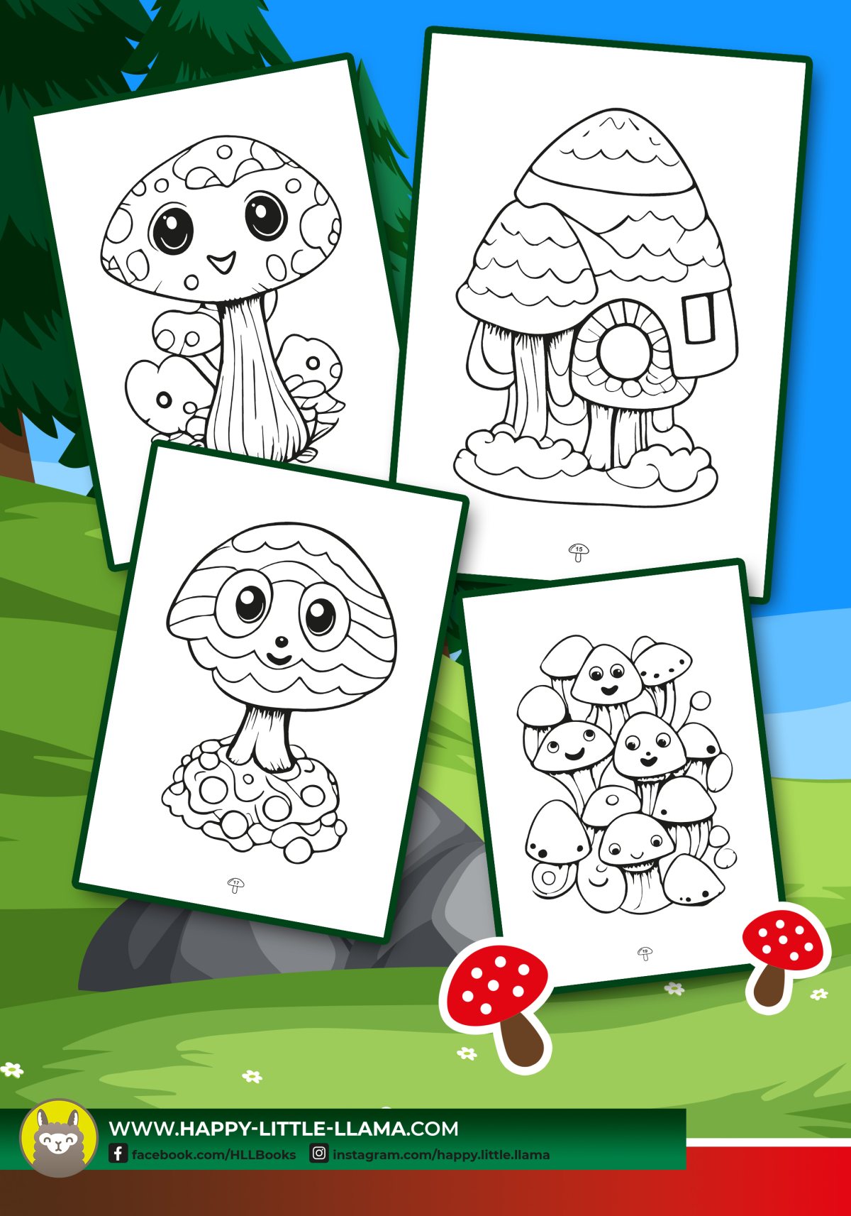 Kostenloses Pilze-Malbuch für Kinder – Rückseite mit vier Ausmalbeispielen