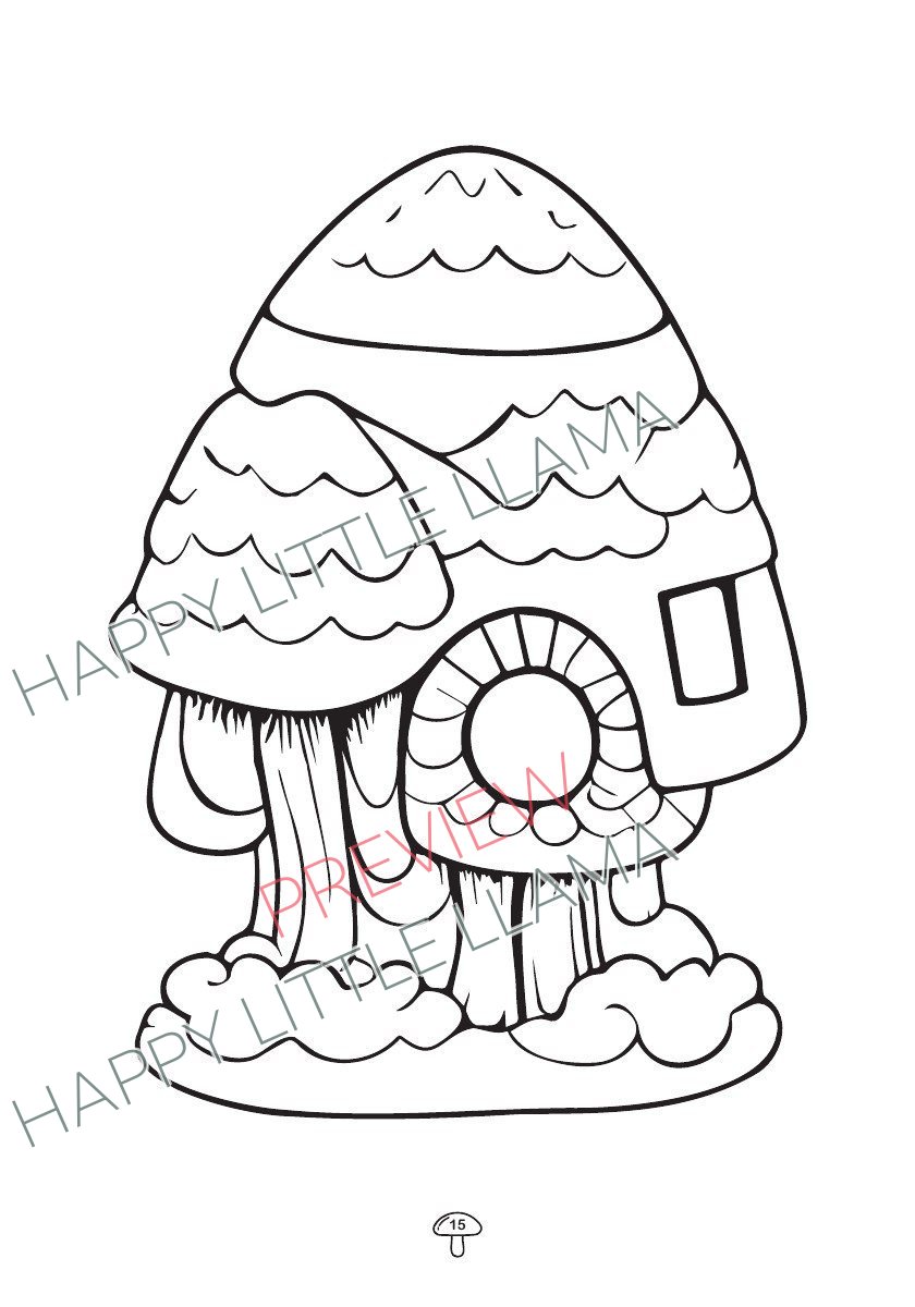 Whimsical mushroom house – coloring page from the free mushroom coloring book