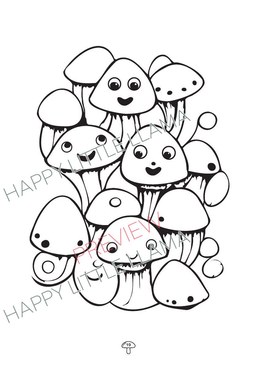 Cheerful group of mushrooms – free printable coloring page for kids