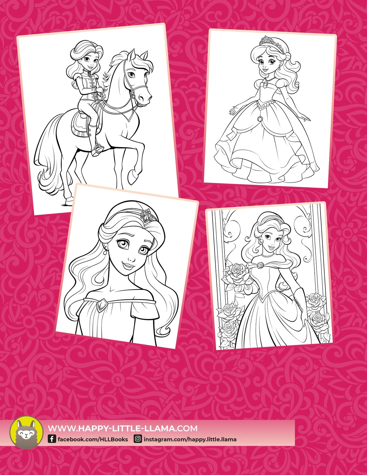Free princess coloring book for kids – back cover with four coloring page examples