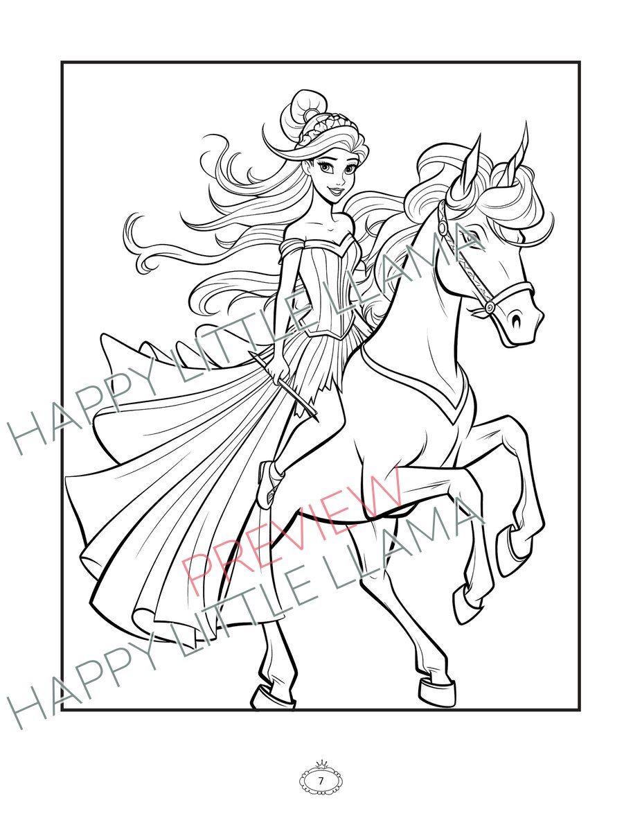Princess riding a horse – coloring page from the free princess coloring book