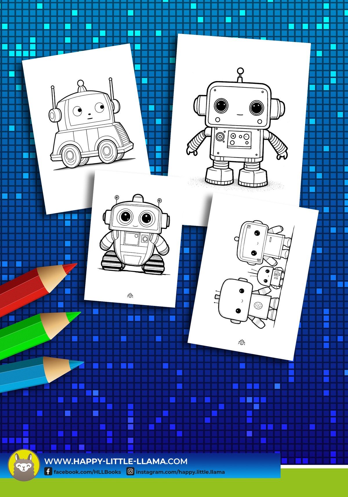 Kostenloses Roboter-Malbuch für Kinder – Rückseite mit vier Ausmalbeispielen