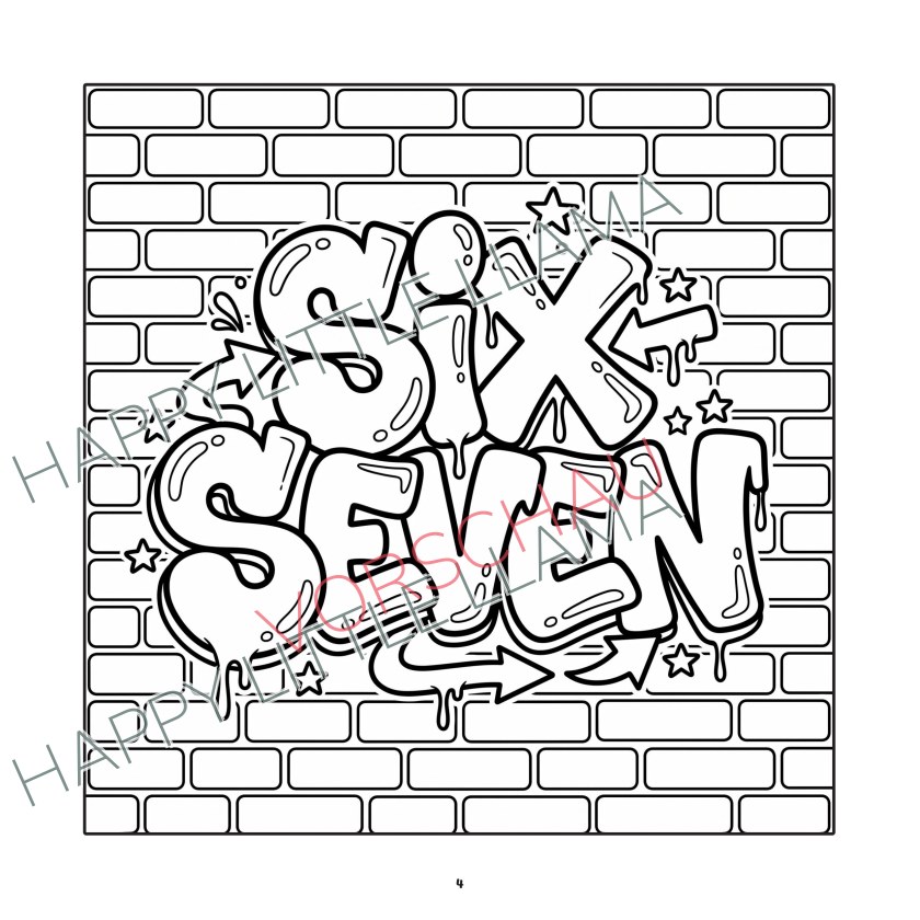 Six-Seven-Graffiti auf einer Mauer – kostenloses 67-Ausmalbild für Kinder