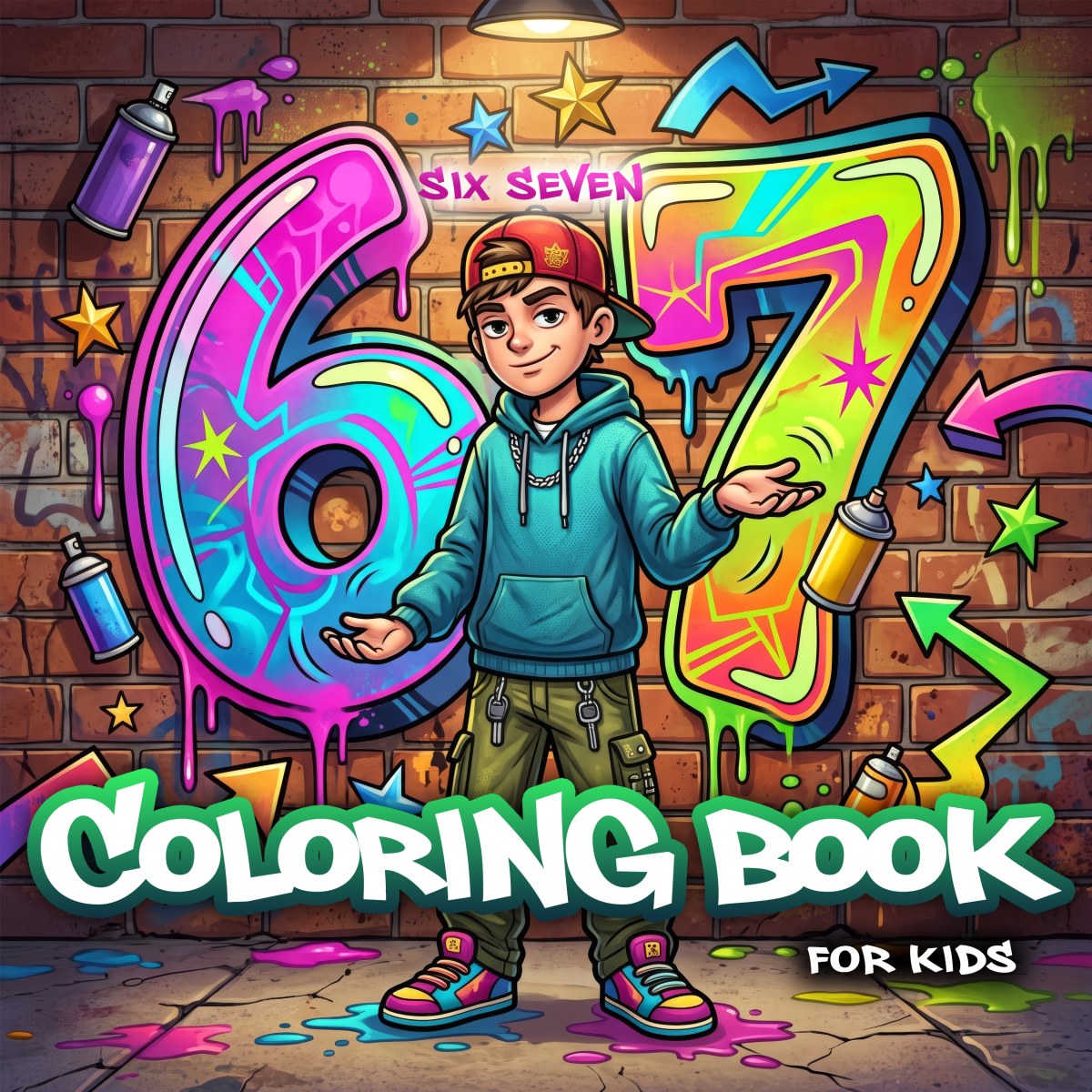 Free 67 coloring book for kids with a colorful graffiti design – English cover