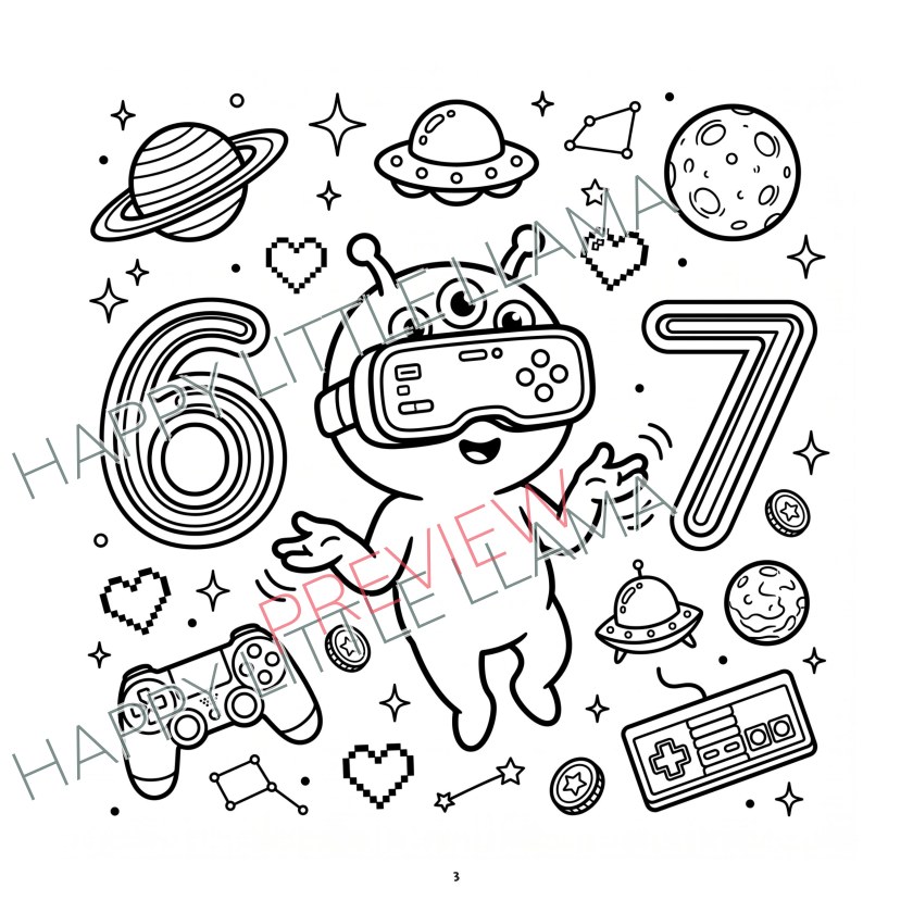 Six Seven character wearing a VR headset – coloring page from the free 67 book