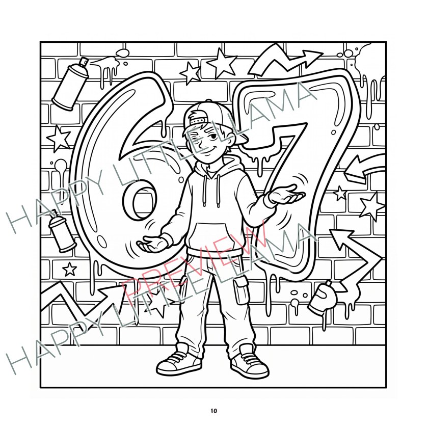Graffiti artist in front of the number 67 – free printable coloring page for older kids