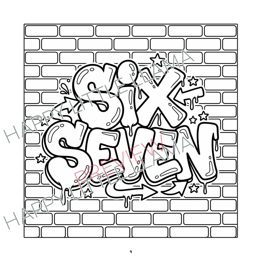 Six Seven graffiti on a brick wall – free printable 67 coloring page for kids