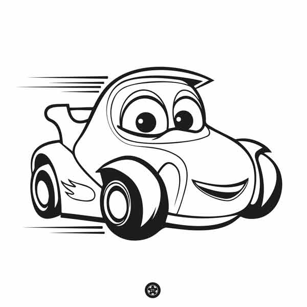 Funny Vehicles Coloring Book for Kids example page with funny racing car