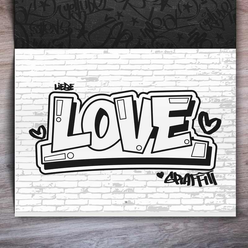 Graffiti Malbuch für Kinder und Jugendliche Beispielseite mit „Love“-Graffiti