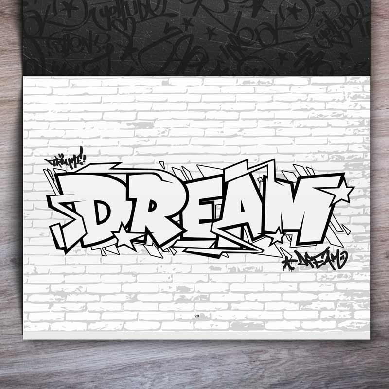 Graffiti Malbuch für Kinder und Jugendliche Beispielseite mit „Dream“-Graffiti