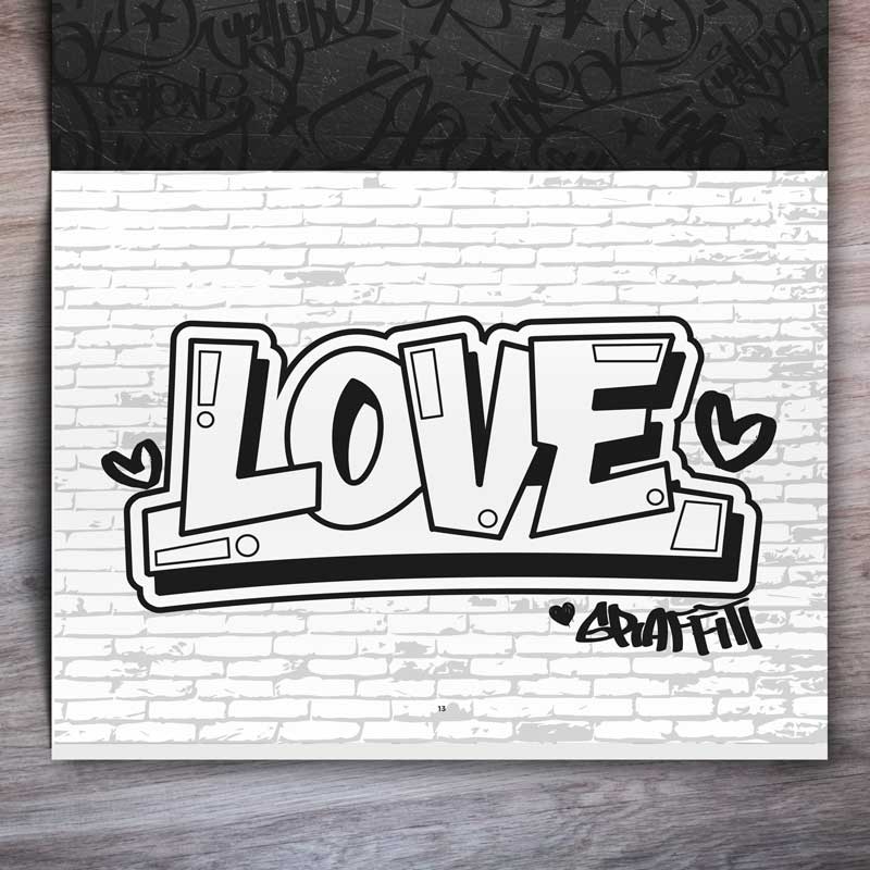 Graffiti Coloring Book for Kids and Teenagers example page with "Love" graffiti