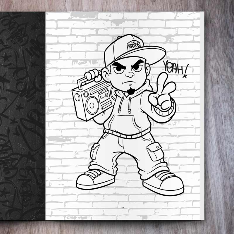 Graffiti Coloring Book for Kids and Teenagers example page with graffiti character