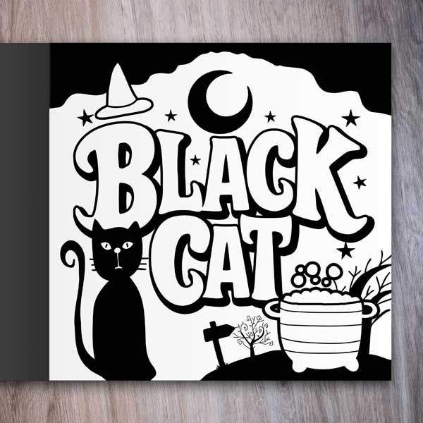 Halloween Words Coloring Book example page with "Black Cat" coloring page