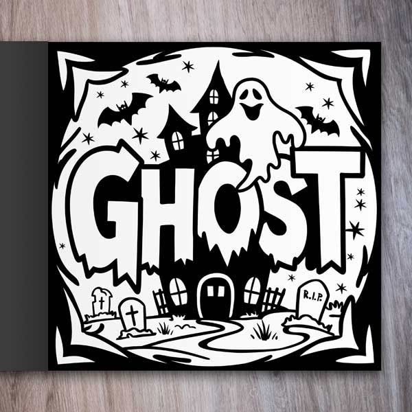 Halloween Words Coloring Book example page with "Ghost" coloring page