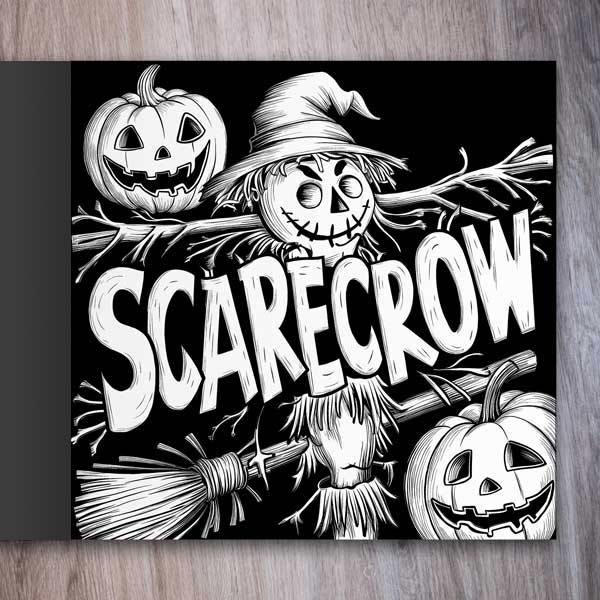 Halloween Words Coloring Book example page with "Scarecrow" coloring page