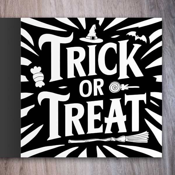Halloween Words Coloring Book example page with "Trick or Treat" coloring page
