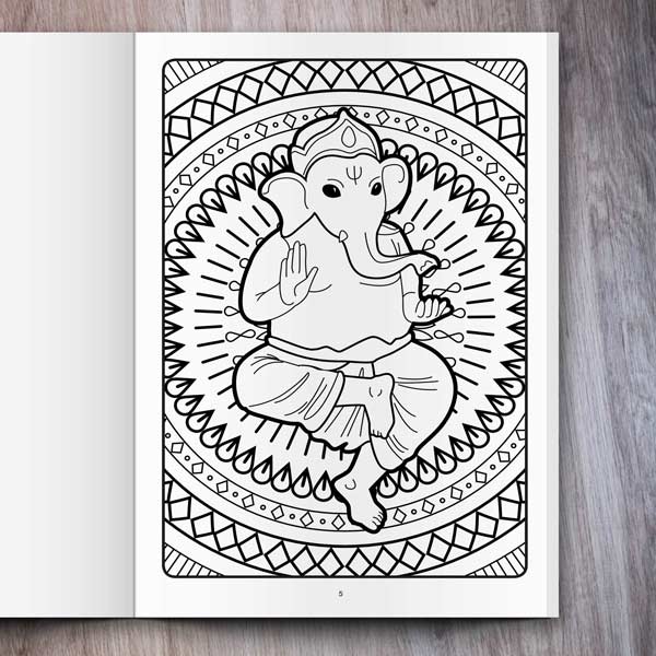 Hindu Coloring Book for Kids: Ganesha Mandalas example page with a sitting Ganesha