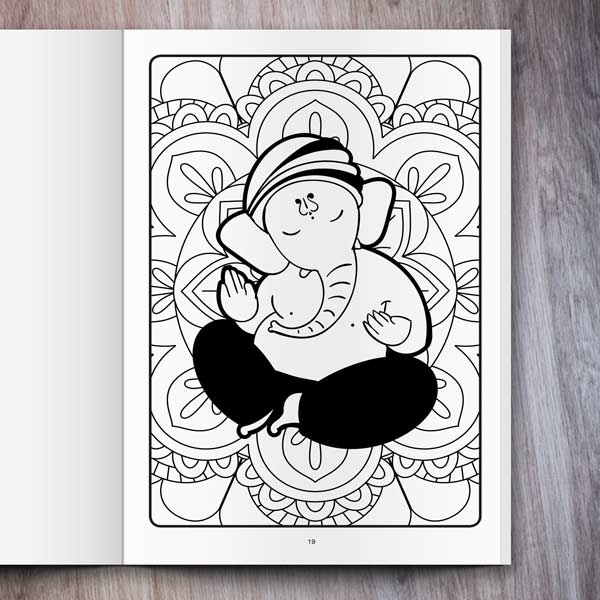 Hindu Coloring Book for Kids: Ganesha Mandalas example page with a sitting Ganesha