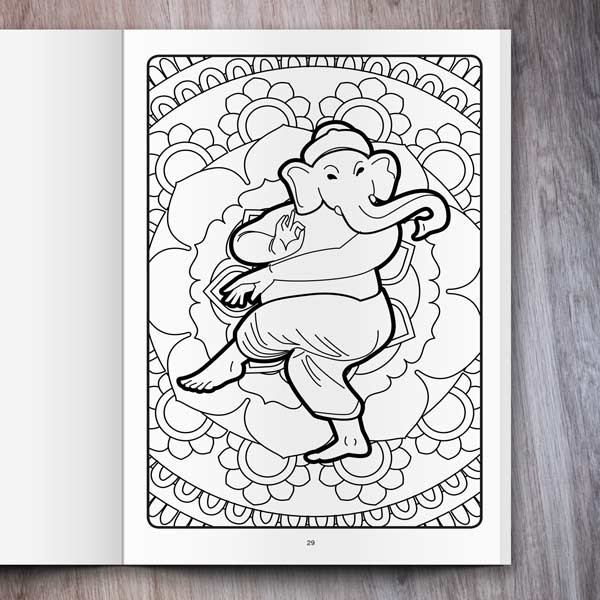 Hindu Coloring Book for Kids: Ganesha Mandalas example page with a dancing Ganesha
