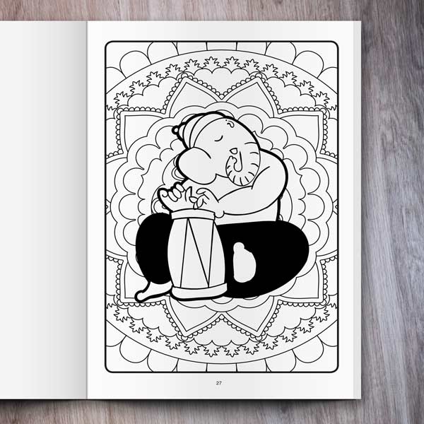Hindu Coloring Book for Kids: Ganesha Mandalas example page with a sitting Ganesha playing a drum