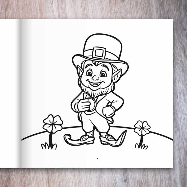 Leprechaun Coloring Book example page with a Leprechaun holding a gold coin