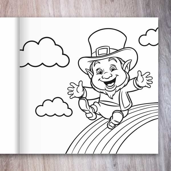 Leprechaun Coloring Book example page with a Leprechaun on a rainbow in the sky