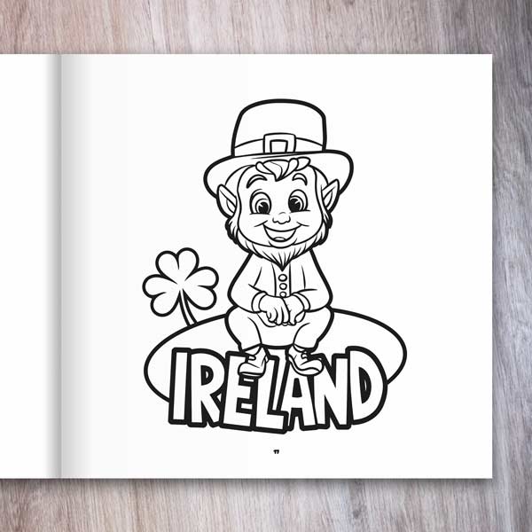 Leprechaun Coloring Book example page with a Leprechaun and the word Ireland