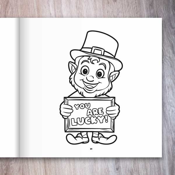 Leprechaun Coloring Book example page with a Leprechaun holding a sign with the words "You are lucky!"