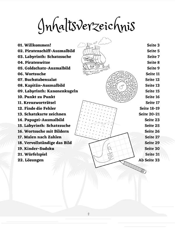 Piraten Aktivitätsbuch für Kinder Inhaltsverzeichnis