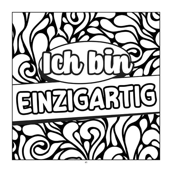 Positive Affirmationen Malbuch für Kinder Beispielseite mit "Ich bin einzigartig" Motiv